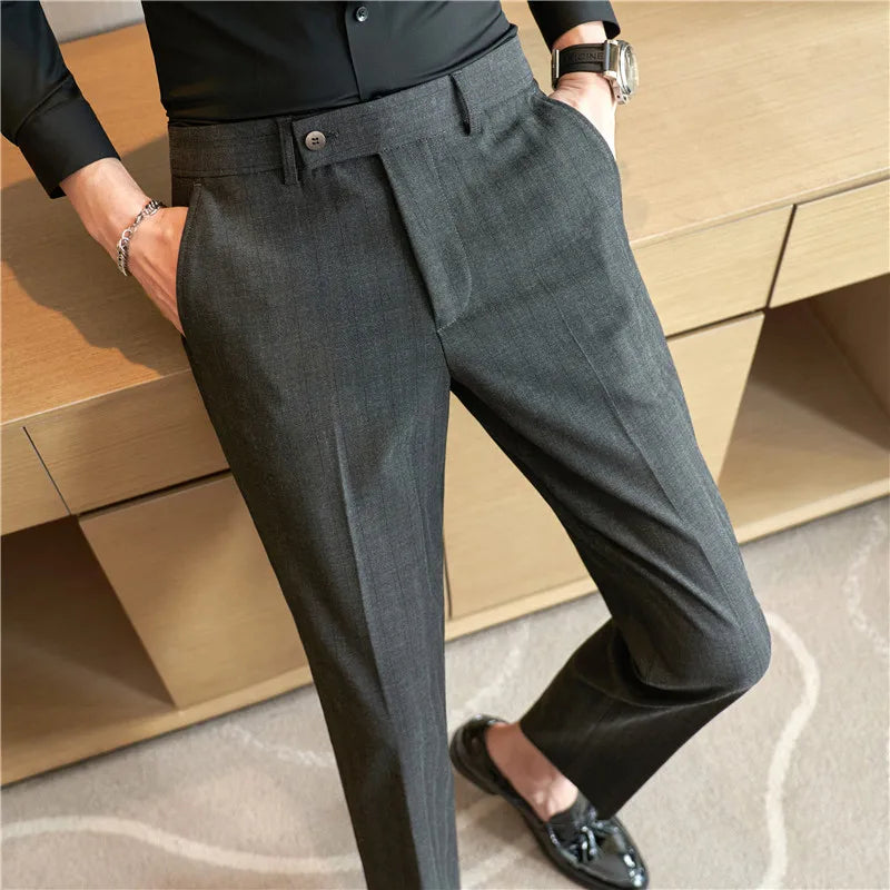 Men Stripe Suit PantsColor-woven Textured Trousers Slim Fit Dress Pants