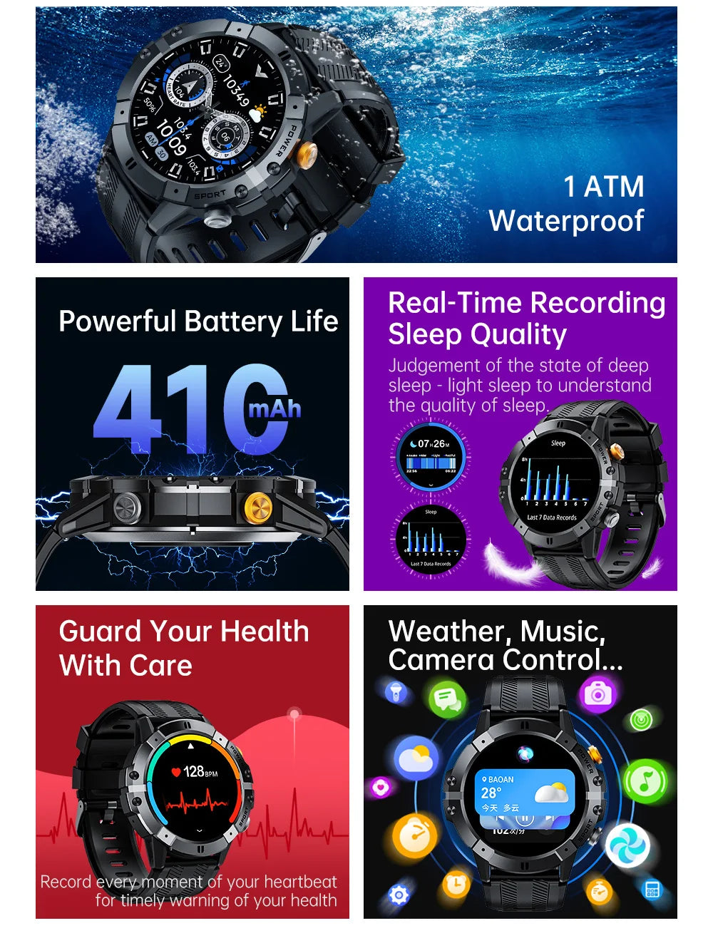 CUBOT C29 SmartWatch 1.52-inch 1ATM Waterproof Sport Watch for Men 410mAh Battery, Bluetooth Call, Heart Rate&24H Health Monitor