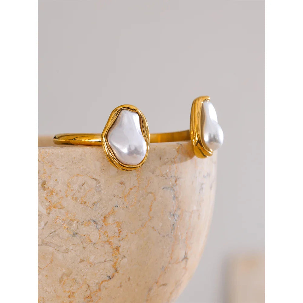 Yhpup 59mm Stainless Steel Baroque Simulated Pearls Cuff Bracelet Bangle Tarnish Resistant Gold Color Wrist Jewelry New