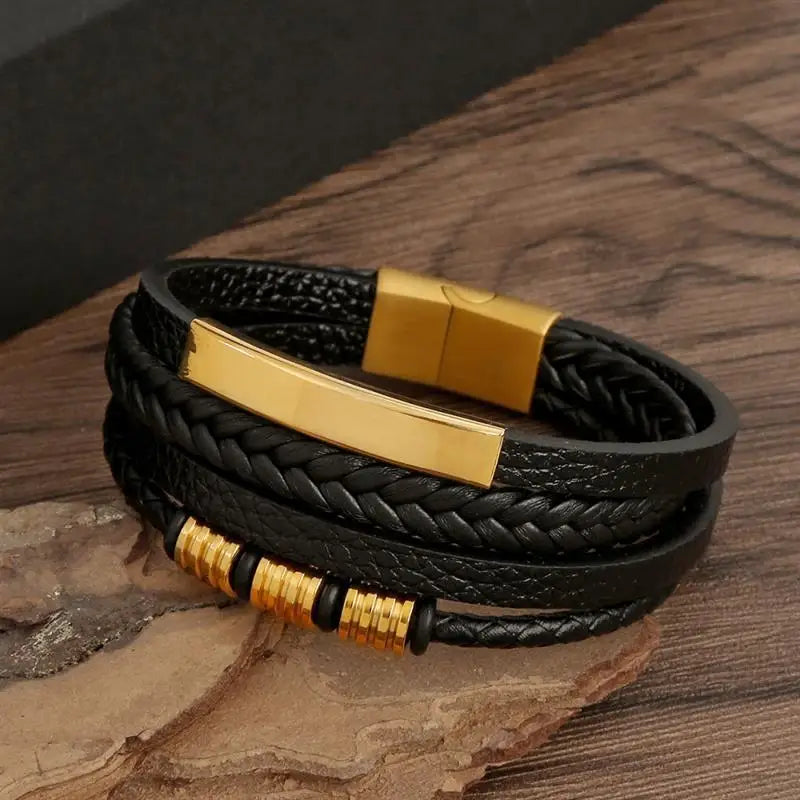 Punk Men Leather Bracelet with Stainless Steel Magnetic Clasp Braided Mutilayer Leather Wrapping Bangles Man Jewelry Gift