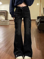 High Street Office Lady Black Flare Jeans Slim Bell Bottoms Gyaru Fashion Denim Trousers