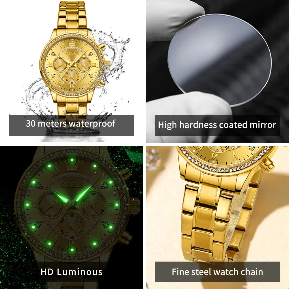 OLEVS Women's Watches Top Brand Luxury Original Quartz Watch for Ladies Chronograph Waterproof Luminous Rhinestone Dial 24 Hour