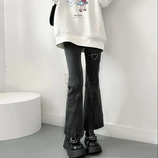 Jeans for Women Vintage Black Denim Flare Pants Streetwear High Waist Slim Mom Trouser