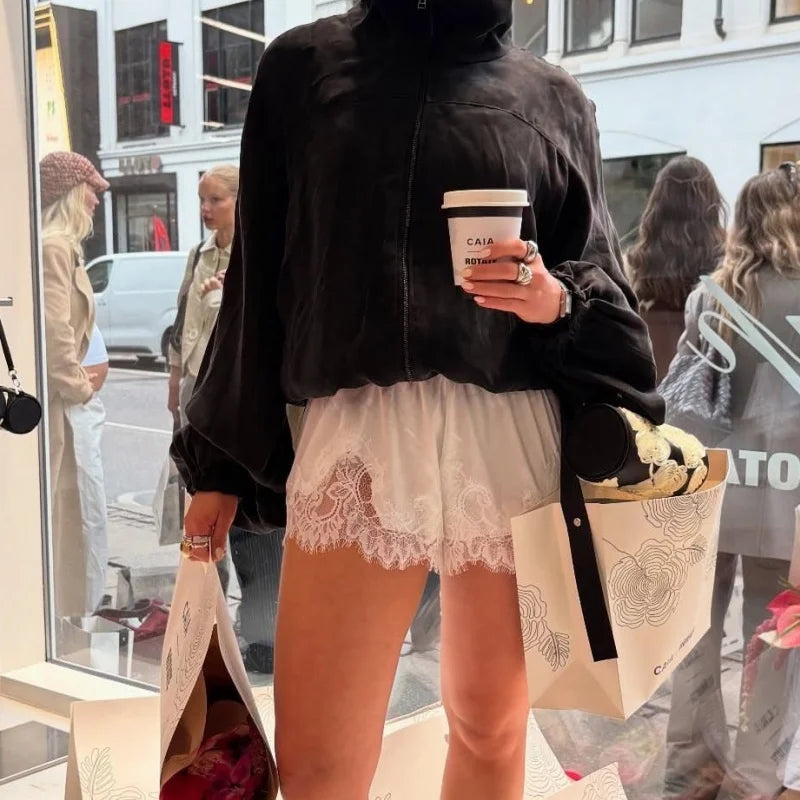 Women Satin Silk Boxers Shorts Y2k Lace Trim Micro Mini Pajama Shorts Knickers Low Rise Lounge Slip Pj Bottoms Streetwear
