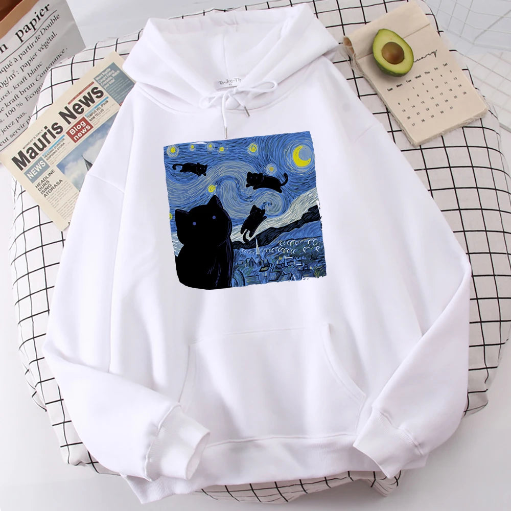 The Starry Cat Night Printing Hoodies Men Autumn Oversize Hoodie Fashion Fleece