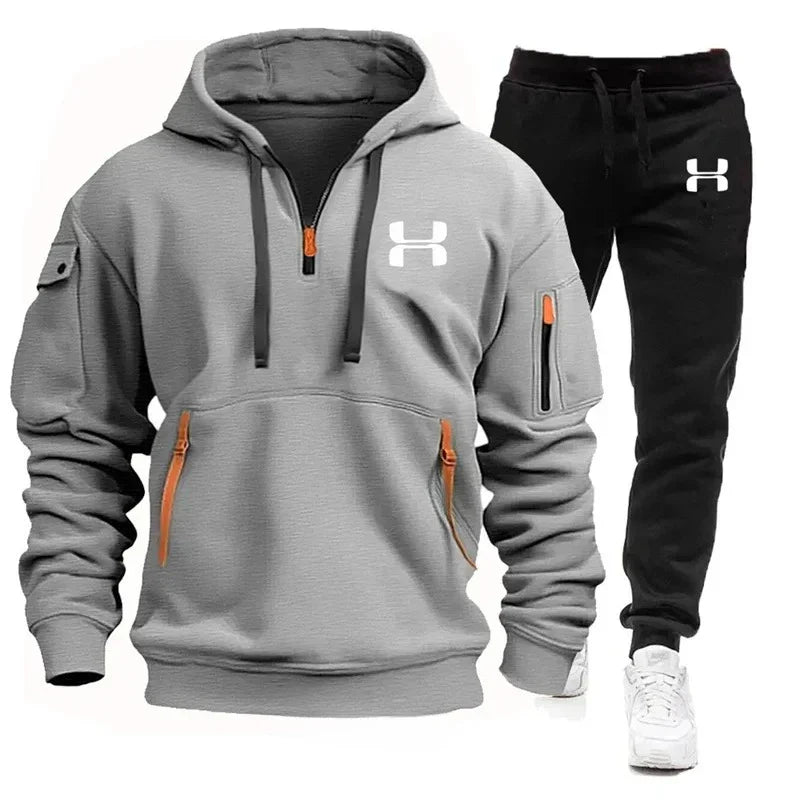 Men's autumn and winter new zipper long sleeved hooded sweatshirt, sports and casual pants, two-piece fitness jogging suit