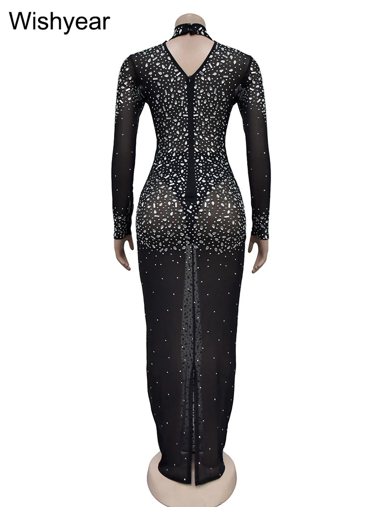 Formal attire Dresses: Evening Sparkly Rhinestone Diamonds Mesh Maxi Dress