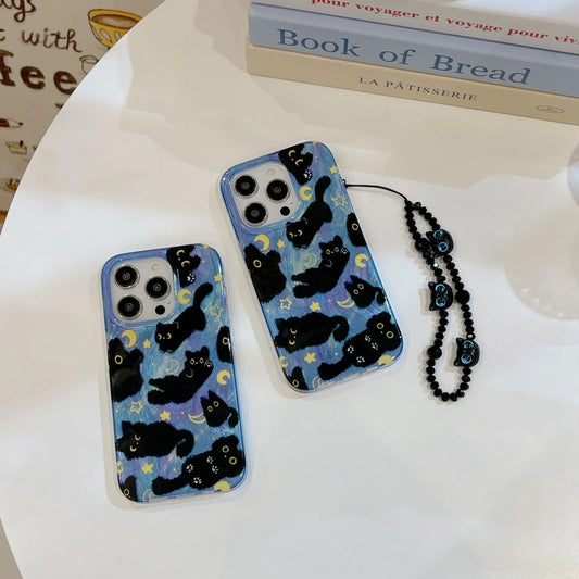 Korean Ins Cute Black Cats Double Layers Wrist Chain Phone Case for iPhone 17 16 15 14 13 12 Pro Max Plus Back Cover