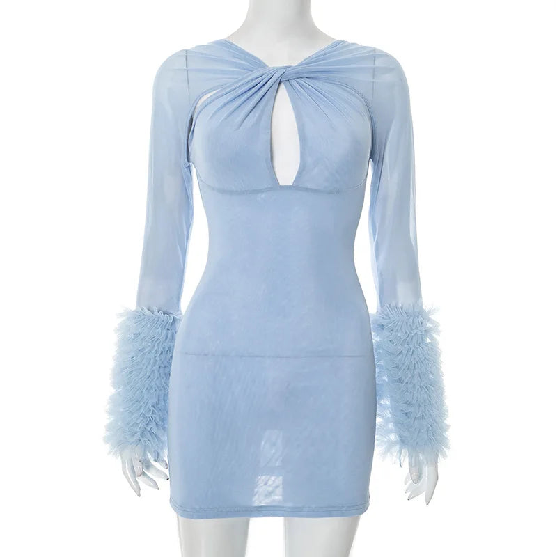 2025 Autumn Furry Patchwork Dress Women See Through Full Sleeve Sexy Hollow Cross Elegant Luxury Banquet Birthday Party Clubwear