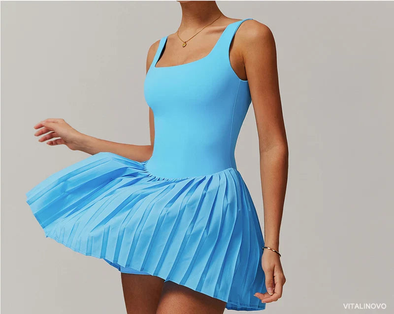 VITALINOVO Workout Tennis Dress with Built in Shorts Square Neck Padded Workout Dress with Pockets Golf Athletic Mini Dresses