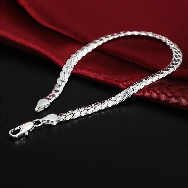 925 Sterling Silver Bracelet 6mm 18/20cm Flat Side Chain Lobster Clasp Bracelet For Woman Man Party Wedding Jewelry Holiday Gift