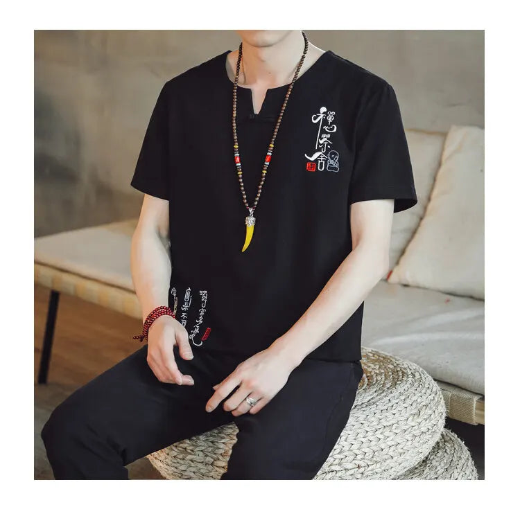 (Shirt + trousers) 2025 summer Chinese Style men shirt Cotton and linen shirts men's High quality casual shirts Two Piece M-5XL