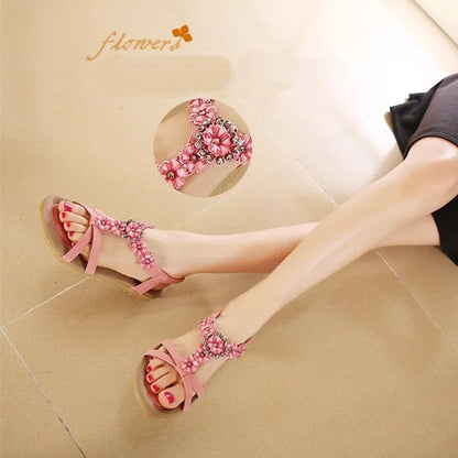 TIMETANGComfortable Flat Heel Sandals Women Large Size Summer Shoes Woman Bohemia Flowers Rhinestone Beach Ladies Shoes