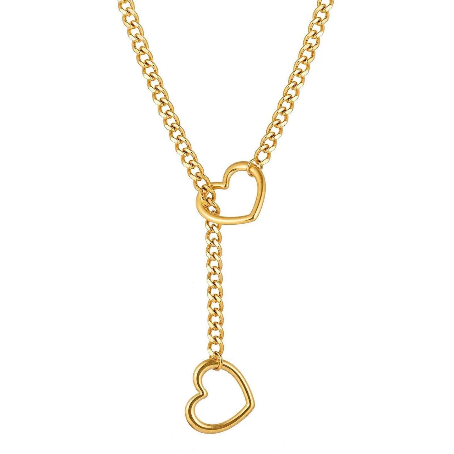 ZAKOL Adjustable Stainless Steel Cuban Link Necklace Hollow Heart Y-Shaped Necklace Punk Rock Style Party Accessories