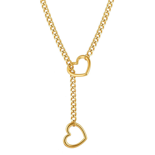 ZAKOL Adjustable Stainless Steel Cuban Link Necklace Hollow Heart Y-Shaped Necklace Punk Rock Style Party Accessories