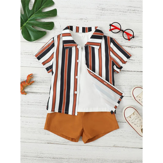 4-7 Years Clothes Set for Kids Baby Boy Handsome Striped Short Sleeves Shirt+Solid Shorts 2PCS Summer Daily Casual School Outfit