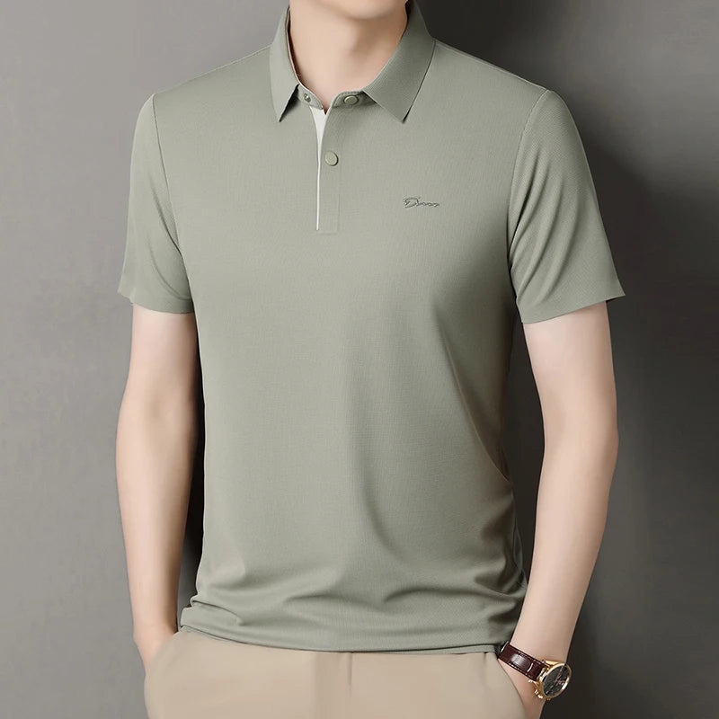 Summer seamless ice silk short sleeved T-shirt, polo shirt, flip collar, casual elastic top, breathable thin half sleeve
