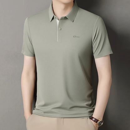 Summer seamless ice silk short sleeved T-shirt, polo shirt, flip collar, casual elastic top, breathable thin half sleeve