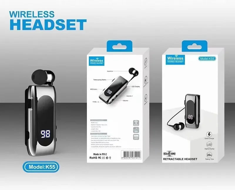 K55 Lavalier Business Bluetooth 5.2 Headphone Talk/music Time 20 Hours,led Digital Display,noice Cancelling Wireless Earphones