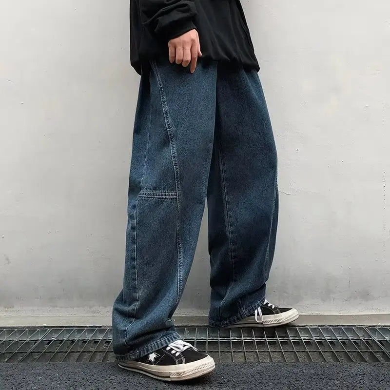 Japanese Oversized Jeans Men's Fashion Baggy Solid Color Casual Stitching Trousers