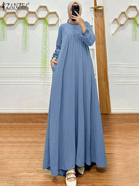 Muslim Fashion Crinkled Fabric Long Dresses Women Elegant Long Sleeve