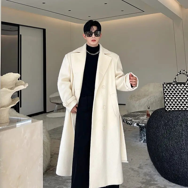 Korean Men Woolen Coat Casual Lapel Double Breasted Long Trench Solid Color Male