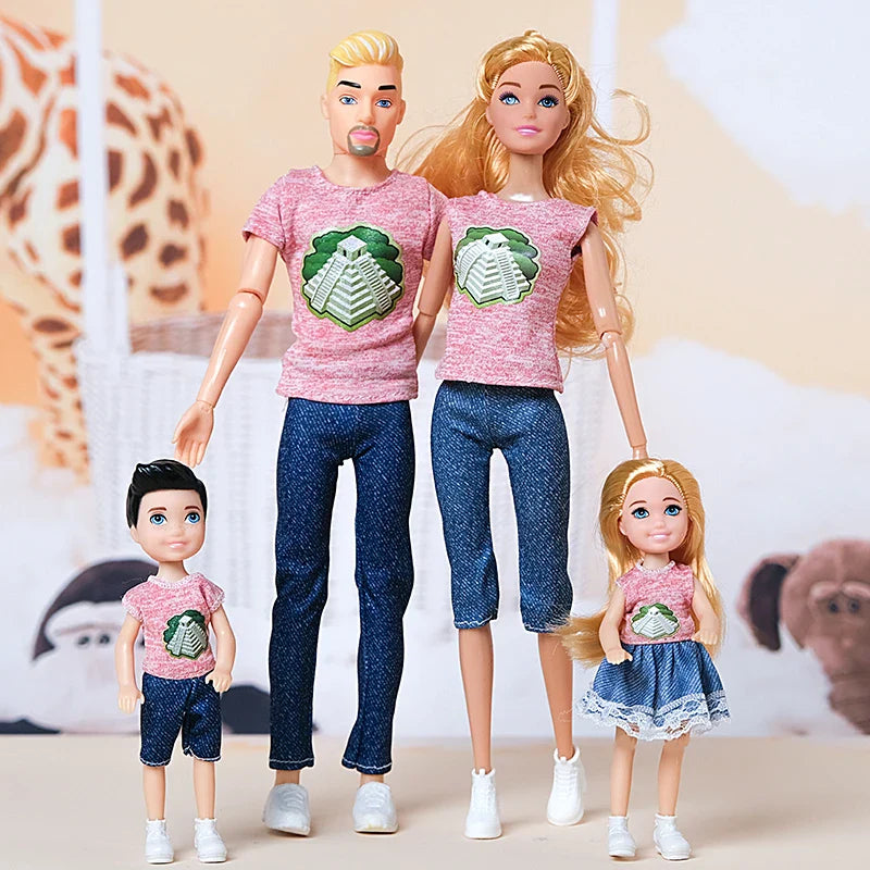1/6  FamilyDoll Toy Set of 4 People Mom Dad Kids 30cm Barbies Doll Full Set With Clothes for Education Birthday Gift