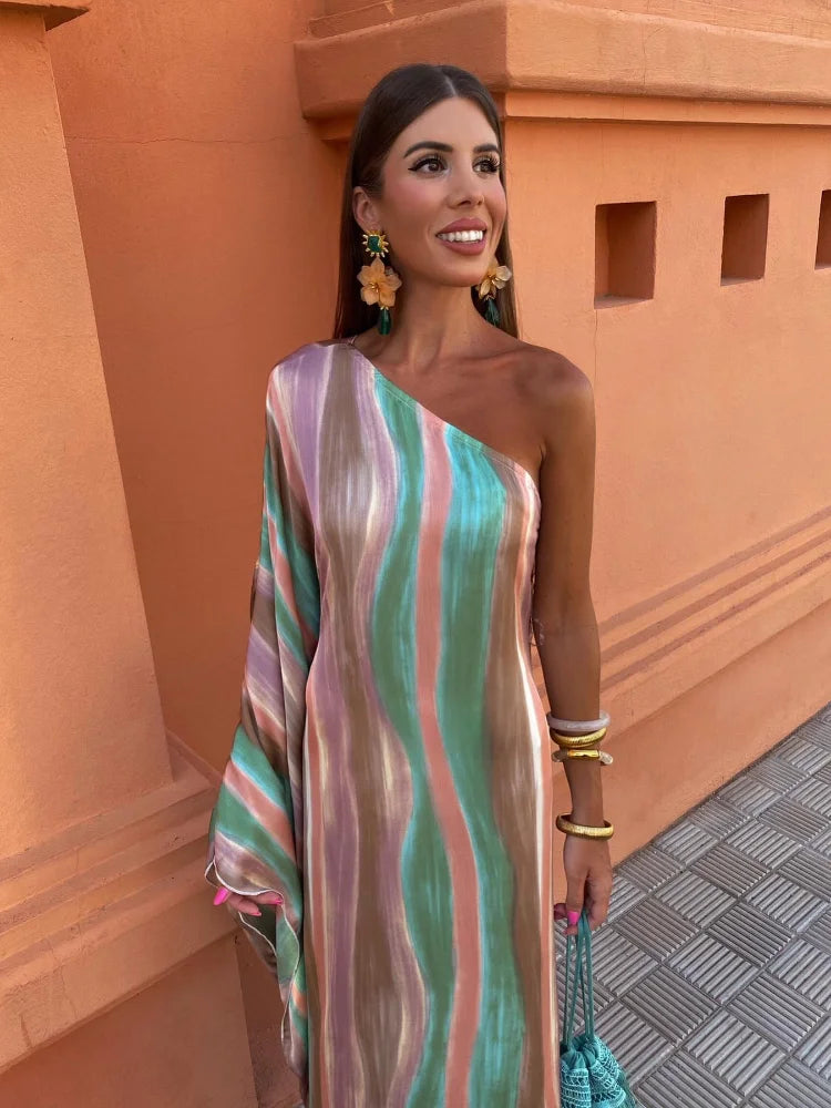 Women Colorful Tie Dyed Striped Print Long Dress Elegant Off Shoulder Single Sleeve Slim Robe Female Chic Beach Vacation Vestido