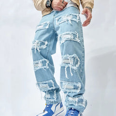 Men Ripped Patch Hip Hop Loose Jeans Pants Streetwear