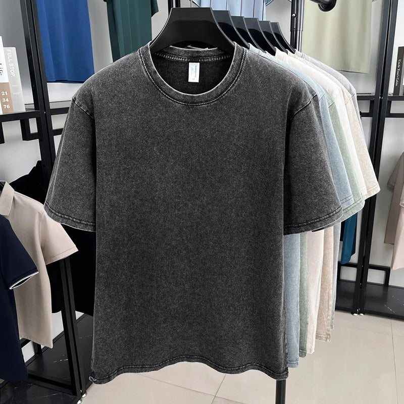 American Style Retro Heavyweight Solid Color Short Sleeved T-shirt Men Women Summer Street Trendy Washed Old Oversized Clothes
