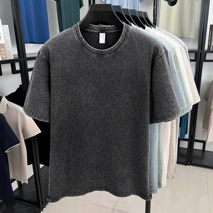 American Style Retro Heavyweight Solid Color Short Sleeved T-shirt Men Women Summer Street Trendy Washed Old Oversized Clothes