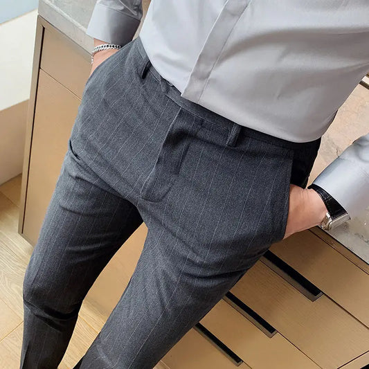 Men's Striped Trousers Stretch Feet Casual Pants Dark Gray High-quality Formal Suit Pants Pantalones Hombre