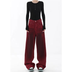 Fashion Vintage Red Straight Jeans Casual High Waist High Street Style Pants