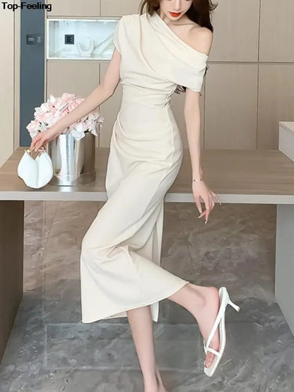 Elegant Off Shoulder Evening Party Dresses Women Summer Fashion Slim One Piece Solid Vestidos Korean Graduation Robe Clothing