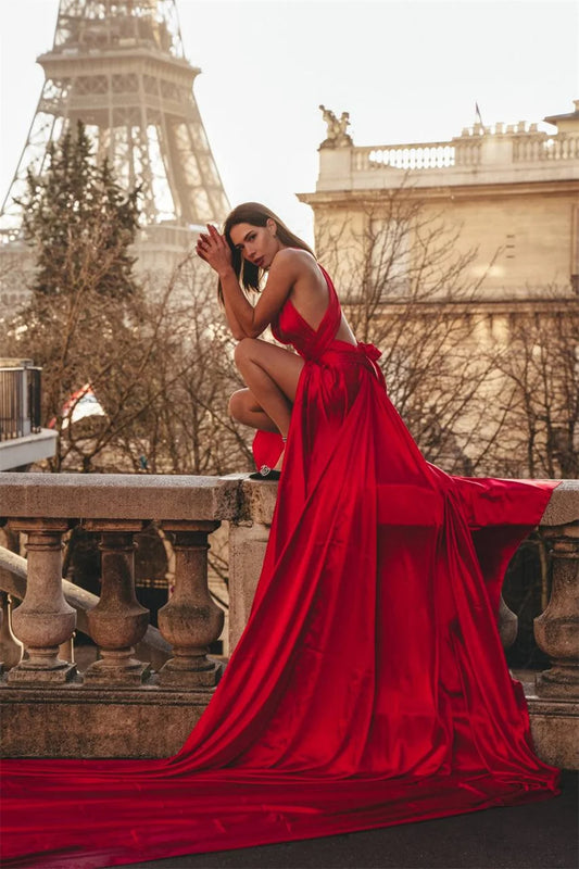 Formal attire Dresses: Halter Burgundy Evening Dress Long Train Prom Dress