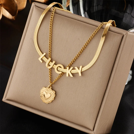 Gold Color Multilayer Letter Necklaces for Women Stainless Steel Jewelry