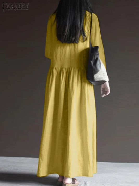 Elegant Women Autumn V Neck Long Sleeve Dress Vintage Solid Maxi Sundress