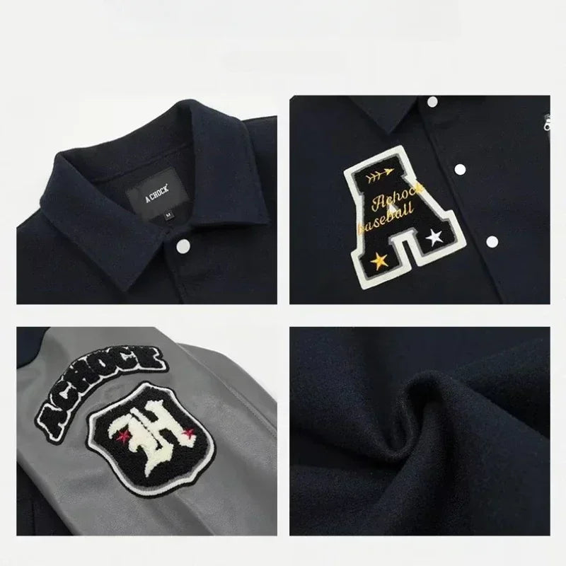 Letter Embroidery Bomber Jacket Men Women Autumn Winter Leather Sleeves