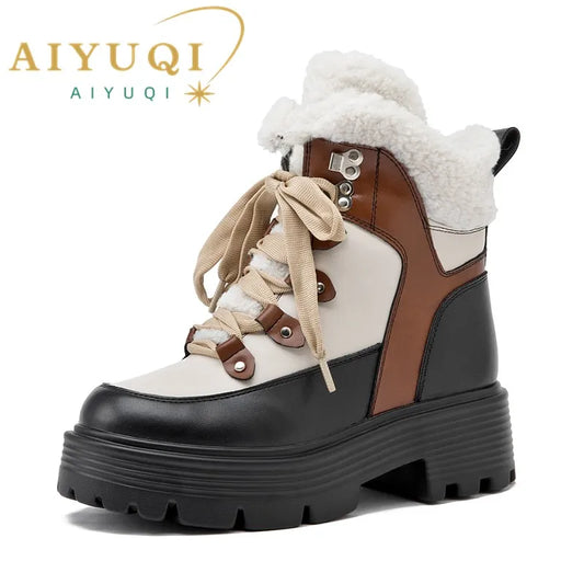 Women Snow Boots Genuine Leather Platform Winter Women Ankle Boots