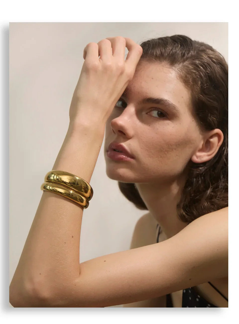 Yhpup 18K Golden PVD Plated Stainless Steel Double Layer Cuff Statement Bracelet Bangle Smooth Metal Texture Attractive Jewelry