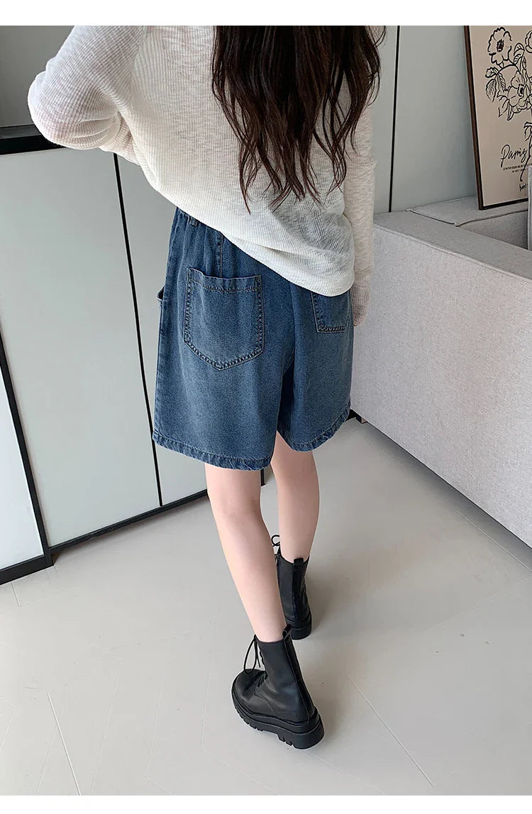 New 2024 Summer Plus Size Denim Shorts For Women High Elastic Wasit Wide Leg Loose Blue Jean Short Women Streetwear Half Jeans