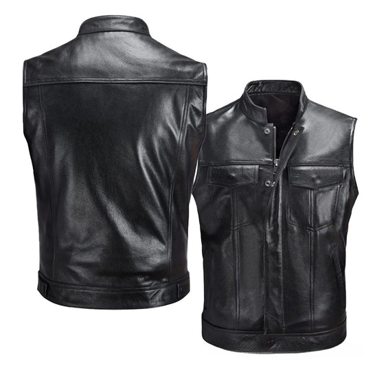 Men's Leather Vest Zipper Button Casual Motorcycle Vest Men's Punk Rock