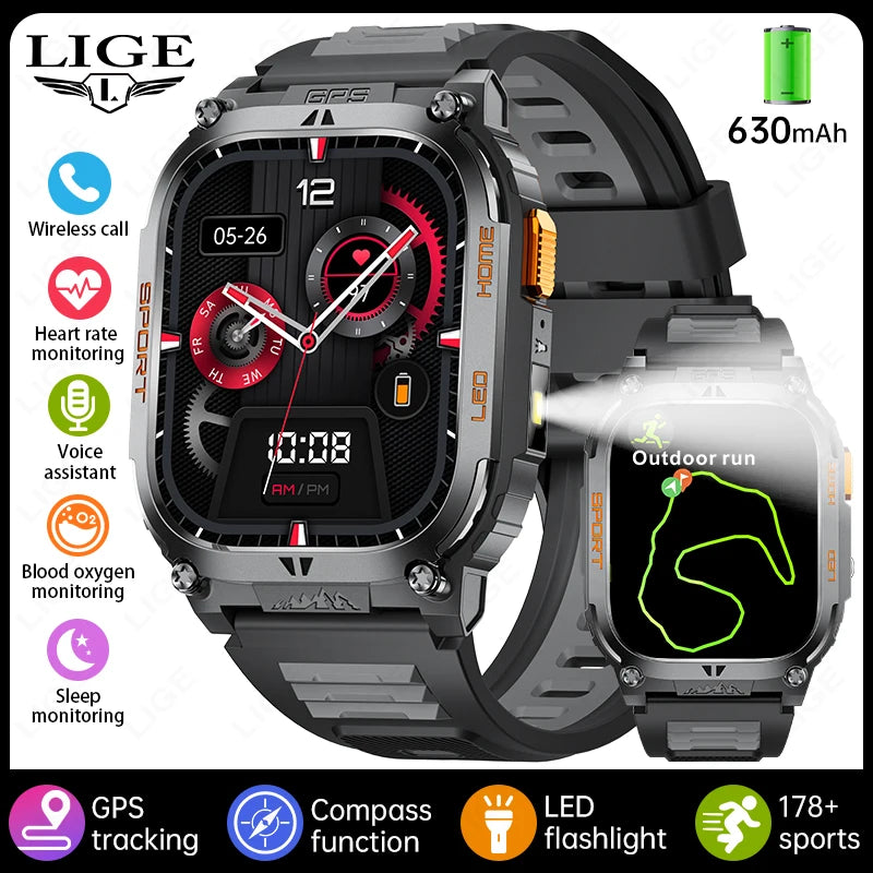 2025 New GPS Tracker Smart Watch Men LED Flashlight 1.96'' HD Screen Compass Watches Bluetooth Call Waterproof Sports Smartwatch