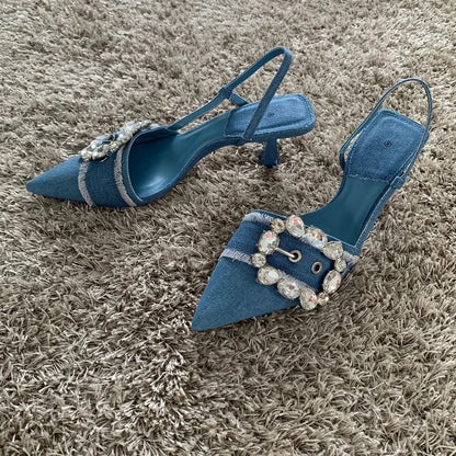 Denim Rhinestone Glitter Women Pumps Wedding Bride Slingback Pointed Toe High Heels Elegant Ladies Shoes