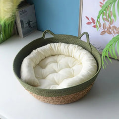 Rattan Woven Pet Cat Bed With Cushion Soft Warm Comfortable Sleeping Basket