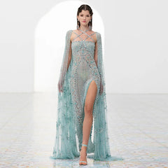 Sharon Said Luxury Dubai Aqua Lilac Arabic Mermaid Evening Dress