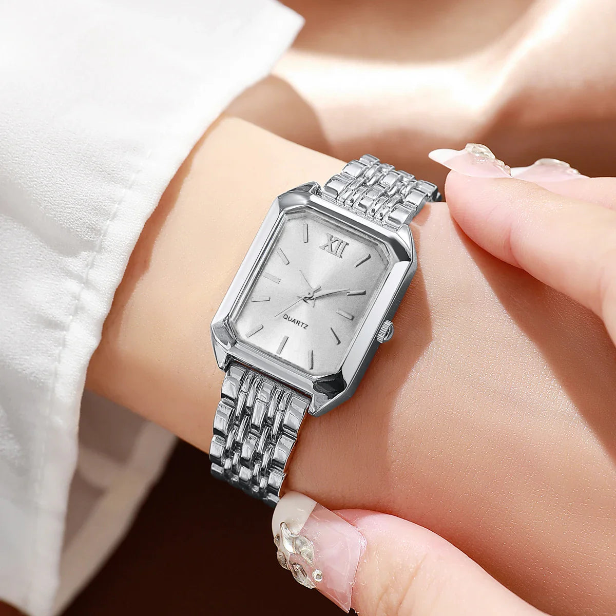 2PCS Fashion Rectangle Women Quartz Watch Rhinestone Bracelet Set Ladies Roma Dial Wristwatch Reloj Mujer Girls Clock Gift