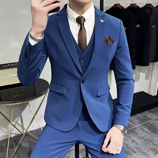 (Jacket + Vest + Pants) High-end Brand Boutique Fashion Solid Color Business Office Mens Casual Business Suit Groom Wedding Gown