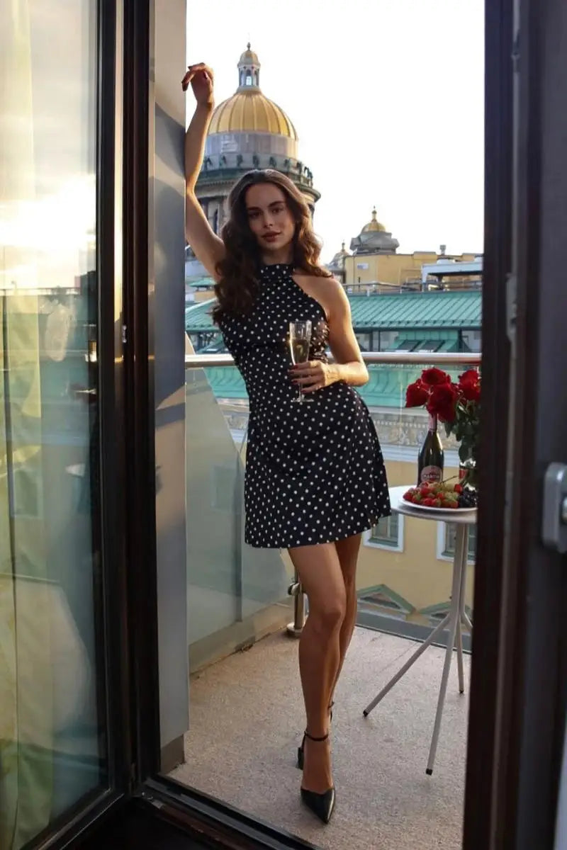 Polka Dot Printed Mini Halter Dress Backless Sleeveless A Line Short Robes Casual Party Vestidos 2025 New Slim Fit Lady Dresses