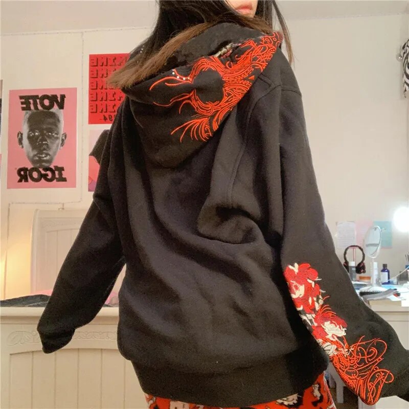 Sweatshirt Women Fairy Grunge Skull Print Long Sleeve Hooded Tops Coats